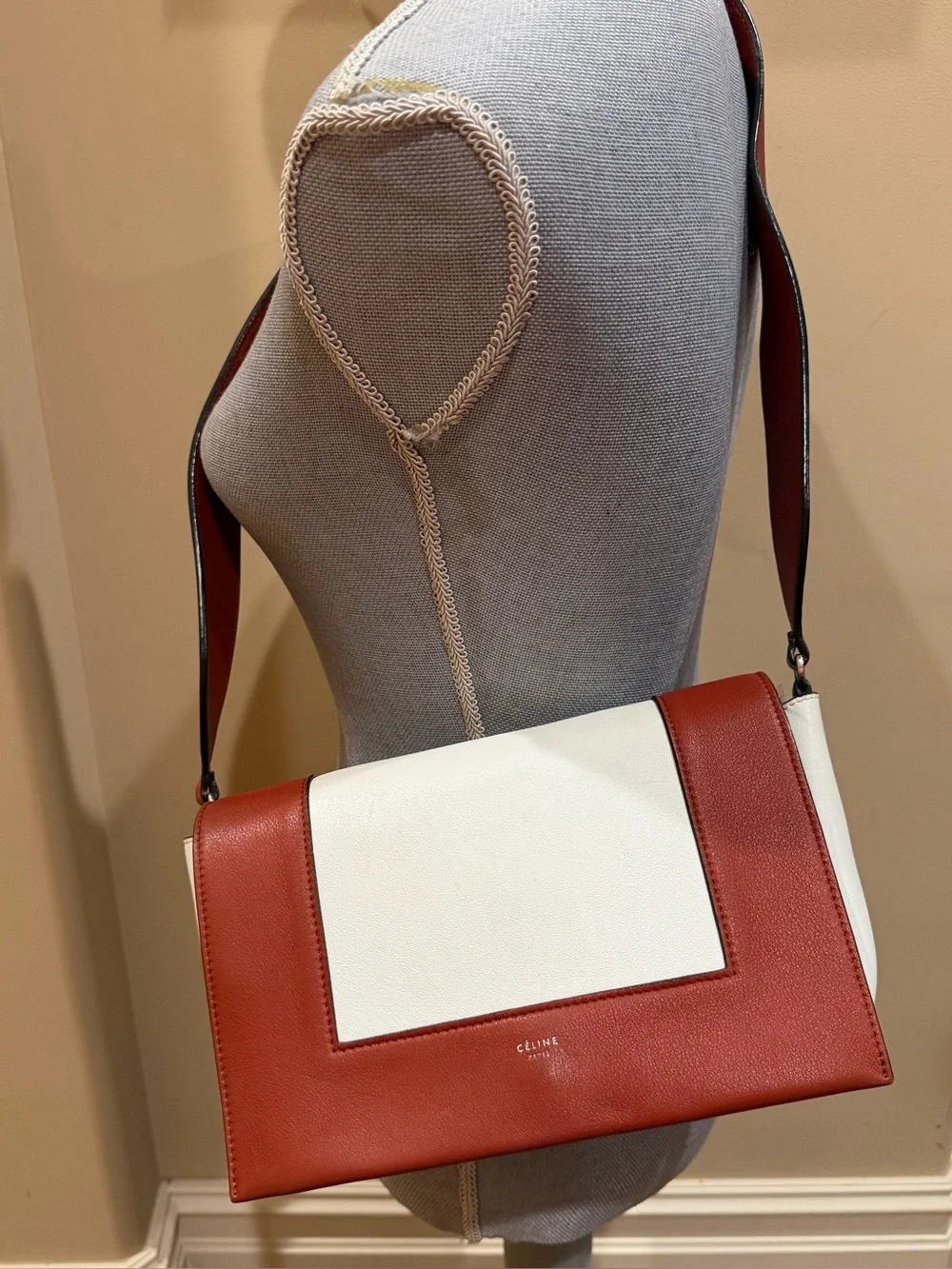 Celine Frame Calfskin Leather Shoulder Bag in Maple 🍁 & White